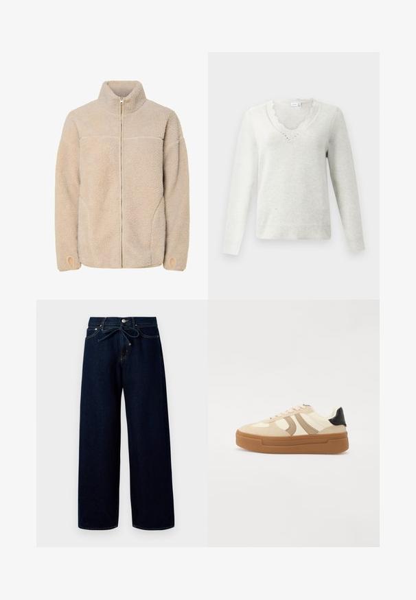 Beige Fleecejacke mit hohem Kragen, Reißverschluss und Seitentaschen. Strukturierte Oberfläche mit weichem Griff und elastischen Bündchen.; Hellgrauer Pullover mit einem gewellten V-Ausschnitt, langen Ärmeln und geripptem Saum. Hergestellt aus weichem Material mit einer dezenten Textur.; Dunkelblaue, weit geschnittene Jeans aus Denim mit einem vorderen Knopfverschluss und einem Kordelzugbund, versehen mit kontrastierenden Nähten.; Cremfarbene und beige Sneaker mit einer tanfarbenen Gummisohle, Wildlederseitenakzenten und schwarzem Fersenbereich; ausgestattet mit runden Schnürsenkeln und flachem Design.