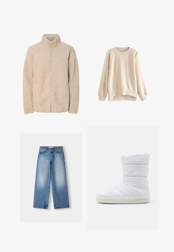 Beige fleecejakke med høj krave, lynlås lukning og sidelommer. Struktureret overflade med en blød fornemmelse og elastiske manchetter.; Lys beige sweatshirt med rund halsudskæring, raglanærmer og en let buet kant. Fremstillet af glat stof med ribbede manchetter.; Lysblå jeans med afslappet pasform, brede ben og slidte sektioner. Fremstillet af denim med klassisk fem-lommerdesign og lukning med en topknap.; Even&Odd Vinterstøvler - white