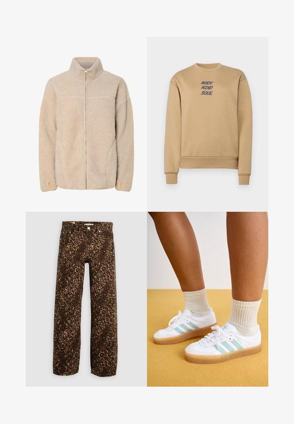 Beige Fleecejacke mit hohem Kragen, Reißverschluss und Seitentaschen. Strukturierte Oberfläche mit weichem Griff und elastischen Bündchen.; Beige Sweatshirt mit geripptem Rundhalsausschnitt, Bündchen und Saum. Der Text "BODY MIND SOUL" ist in Dunkelblau auf der Brust gedruckt. Weiche Textur.; Leopardenmusterweite Beinhosen in Braun und Beige. Hergestellt aus Denim, mit einem klassischen Fünf-Taschen-Design und Metallbeschlägen.; Weiße Sneaker mit mintgrünen Streifen, Gummisohle und Schnürsenkeln, kombiniert mit gerippten cremefarbenen Socken. Vor einem gelben Hintergrund.