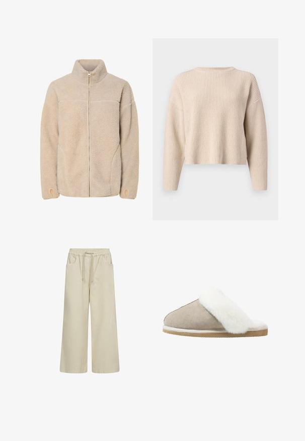 Beige fleecejakke med høj krave, lynlås lukning og sidelommer. Struktureret overflade med en blød fornemmelse og elastiske manchetter.; Beige strikket sweater med rund halsudskæring, lange ærmer og en afslappet pasform. Har ribbet struktur og en cropped kant.; Beige bukser med vide ben, elastisk talje og snøre, med forlommer, designet til en afslappet pasform.; Suedelæders slipsko i lys beige med en hvid, fluffy pelskant over det øverste, med en struktureret ydersål for greb og komfort.