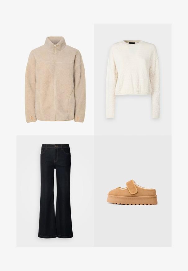 Beige fleecejakke med høj krave, lynlås lukning og sidelommer. Struktureret overflade med en blød fornemmelse og elastiske manchetter.; Cremefarvet cropped sweater med et struktureret diamantmønster, lange ærmer og ribkant ved halsen og kanten. Blødt, strikket materiale.; Mos Mosh MMDARA DELUXE JEANS - Jeans Relaxed Fit - dark blue; Brune ruskind slip-on sko med velcrorem, rund tå og tyk platformsål med struktureret gummitræd.