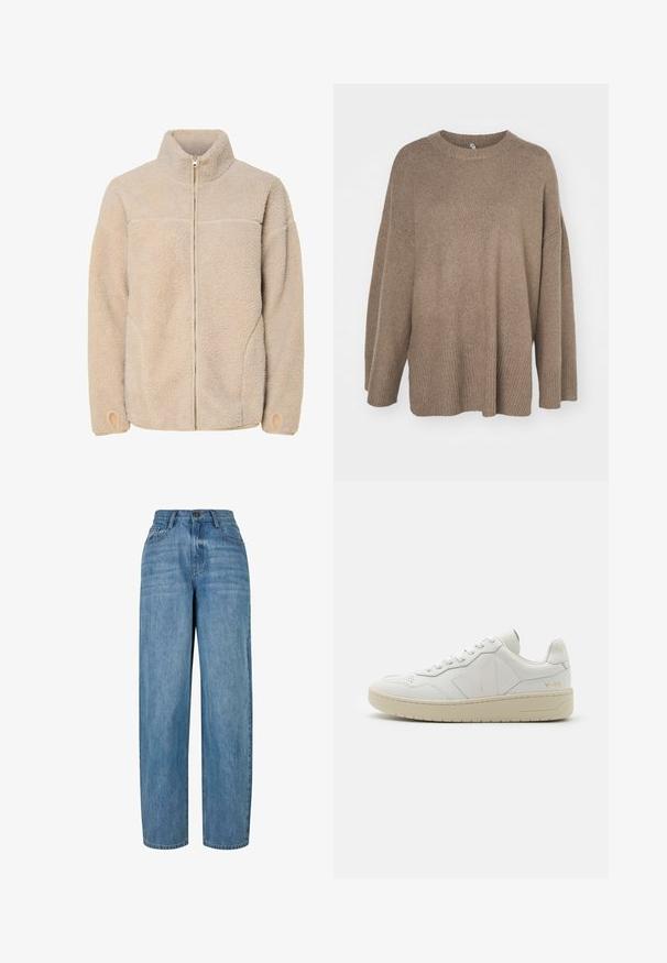 Beige Fleecejacke mit hohem Kragen, Reißverschluss und Seitentaschen. Strukturierte Oberfläche mit weichem Griff und elastischen Bündchen.; Brauner übergroßer Pullover mit geripptem Saum, weiten Ärmeln und Rundhalsausschnitt. Weiche Textur, minimalistisches Design ohne Muster.; Hellblaue Jeans aus Denim mit geradem Schnitt, ausgestattet mit einem Knopfverschluss, fünf Taschen und subtilen Ausbleichungen im gesamten Stoff.; Weiße Leder-Sneaker mit perforiertem Zehenbereich, kontrastierender beiger Gummisohle und Logoplaketten an der Seite und Ferse. Minimalistisches Design.