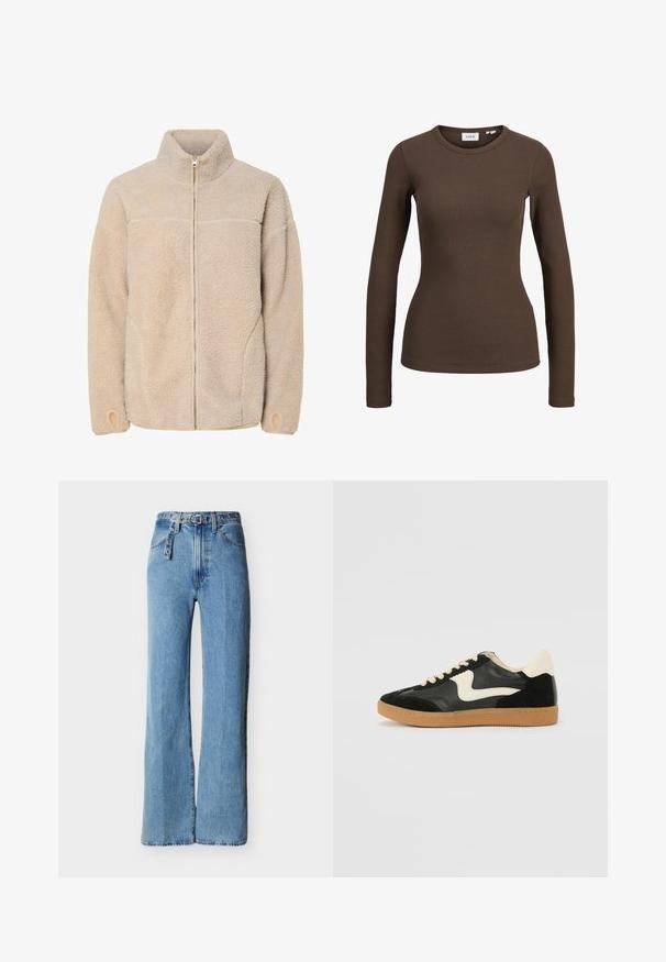 Chaqueta de forro polar beige con cuello alto, cierre de cremallera y bolsillos laterales. Superficie texturizada con una sensación suave y puños elásticos.; Camiseta marrón ajustada de manga larga con cuello redondo, exhibida sobre un fondo blanco.; Vaqueros de mezclilla azul claro de talle alto con pierna ancha, cinco bolsillos y un cinturón de mezclilla a juego con ojales y hebilla metálicos.; Zapatillas de deporte de ante y cuero negro con un swoosh lateral en crema y un talón en crema claro. Presenta cordones beige y una suela de goma marrón.
