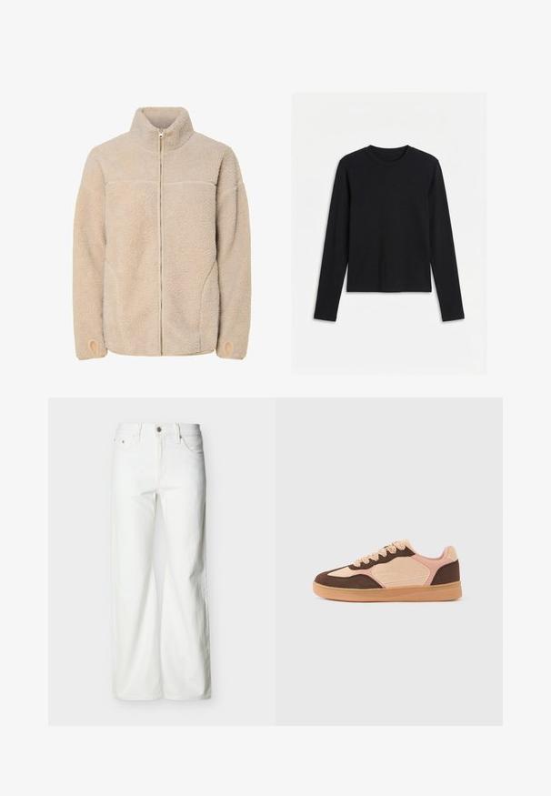 Beige fleece jacket met hoge kraag, ritssluiting en zijzakken. Gelaagd oppervlak met een zachte voelbaarheid en elastische manchetten.; Zwart, effen, nauwsluitend shirt met lange mouwen en ronde hals, afgebeeld tegen een witte achtergrond.; Witte jeans met rechte pijpen en hoge taille, voorzien van een knoopsluiting aan de voorkant, rits, en zij- en achterzakken, tegen een effen lichte achtergrond.; Casual sneaker met lichtbeige, zachtroze en donkergroene suède panelen, vetersluiting en een profielzool van gumrubber tegen een effen achtergrond.