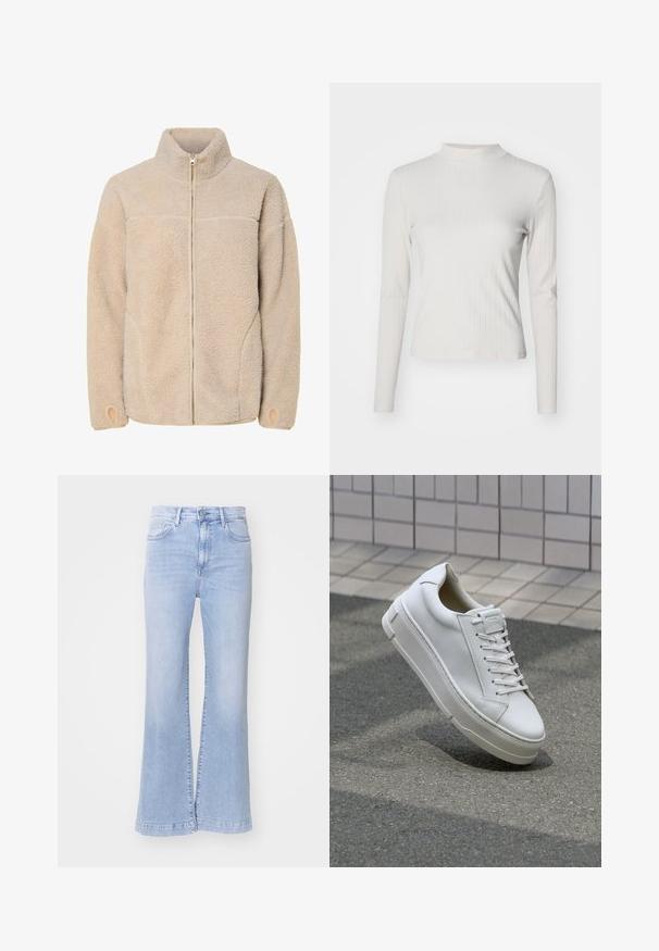 Beige fleece jacket met hoge kraag, ritssluiting en zijzakken. Gelaagd oppervlak met een zachte voelbaarheid en elastische manchetten.; Lichtbeige, langärmeliges, geripptes Oberteil mit Stehkragen und glatter Textur, das eine figurbetonte Form und dezente Designdetails aufweist.; Lichtblauwe uitlopende jeans met een hoge taille, denim structuur, voorzakken en een knoopsluiting. Schone afwerking aan de zoom.; Witte leren sneaker met een low-top ontwerp, platte veters, ronde neus en textuur zijden. Dikke rubberen zool met subtiele accenten.