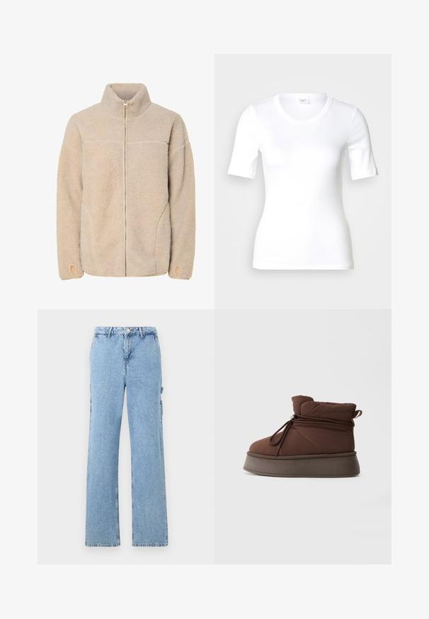 Beige fleece jacket met hoge kraag, ritssluiting en zijzakken. Gelaagd oppervlak met een zachte voelbaarheid en elastische manchetten.; Wit T-shirt met korte mouwen van glad katoen, met een ronde halslijn en een aangesloten pasvorm. Klassiek ontwerp, zonder patronen of accenten.; Lichtblauwe denim cargo broek met een recht model, voorzien van zijzakken en contrasterende stiksels. Klassiek five-pocket ontwerp.; Bruin gewatteerd winterboot met dikke zool en trekkoordsluiting tegen een effen lichte achtergrond.