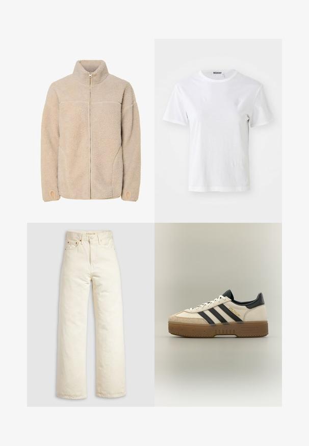 Chaqueta de forro polar beige con cuello alto, cierre de cremallera y bolsillos laterales. Superficie texturizada con una sensación suave y puños elásticos.; Camiseta blanca de manga corta hecha de una tela suave. Cuenta con un escote redondo y un corte recto, con una etiqueta en el cuello interior.; Pantalones vaqueros de pierna ancha en denim color blanco roto, con cintura alta, remaches de cobre y diseño clásico de cinco bolsillos. Tejido texturizado con dobladillos limpios.; Zapatilla blanca Adidas con rayas negras, puntera de ante beige, suela marrón y "SPEZIAL" en letras doradas en el lateral.