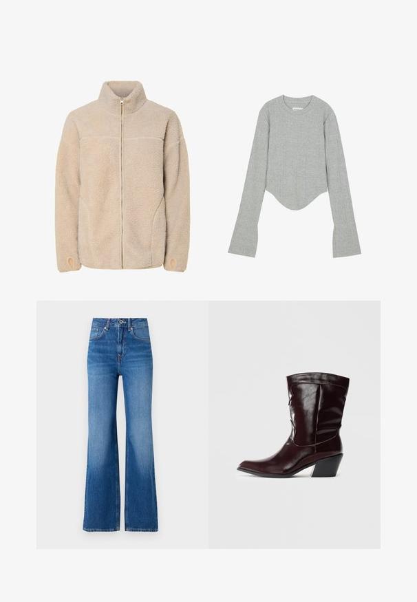 Veste en polaire beige avec un col haut, fermeture éclair et poches latérales. Surface texturée avec une sensation douce et poignets élastiques.; Even&Odd T-shirt à manches longues - grey; Jean en denim bleu à jambe large avec taille haute, dotés d'une fermeture éclair, d'une fermeture par bouton et d'un léger décoloration le long des jambes.; Bottines en cuir bourgogne avec un bout pointu, une surface texturée et un petit talon effilé. Présente une couture discrète et un ajustement confortable.