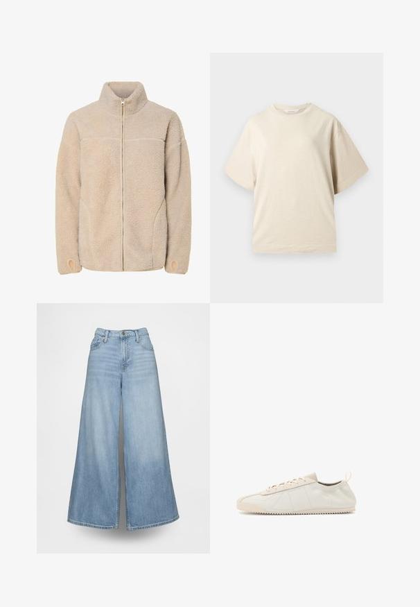 Beige Fleecejacke mit hohem Kragen, Reißverschluss und Seitentaschen. Strukturierte Oberfläche mit weichem Griff und elastischen Bündchen.; Beiges T-Shirt mit kurzen Ärmeln und Rundhalsausschnitt, locker geschnitten und schlicht gestaltet, vor neutralem Hintergrund präsentiert.; Hellblaue Jeans mit weitem Bein aus Denim, mit hoher Taille, Fronttaschen und Knopfverschluss. Der Stoff hat eine verblasste Waschung.; Cremfarbene Lederturnschuhe mit runder Zehenform, Schnürdesign, strukturierten Akzenten und einer strukturierten Gummi-Sohle mit Zickzack-Traktionsmuster.