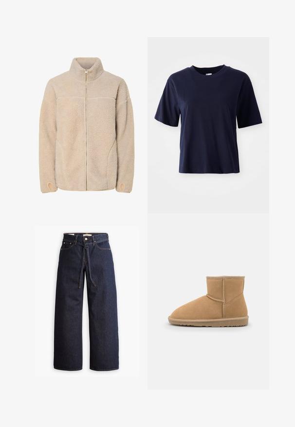 Beige fleece jacket met hoge kraag, ritssluiting en zijzakken. Gelaagd oppervlak met een zachte voelbaarheid en elastische manchetten.; Marineblauwe katoenen T-shirt met korte mouwen, ronde hals, relaxte pasvorm en een zachte textuur. Geen zichtbare patronen of accenten.; Wijd pijpjes donkerblauwe denim jeans met een hoge taille, voorzien van een trekkoord, vijf zakken en contrasterende stiksels.; Tan nubuck enkellaars met een ronde neus en gewatteerde kraag, voorzien van contrasterende stiksels en een gestructureerde rubberen zool.
