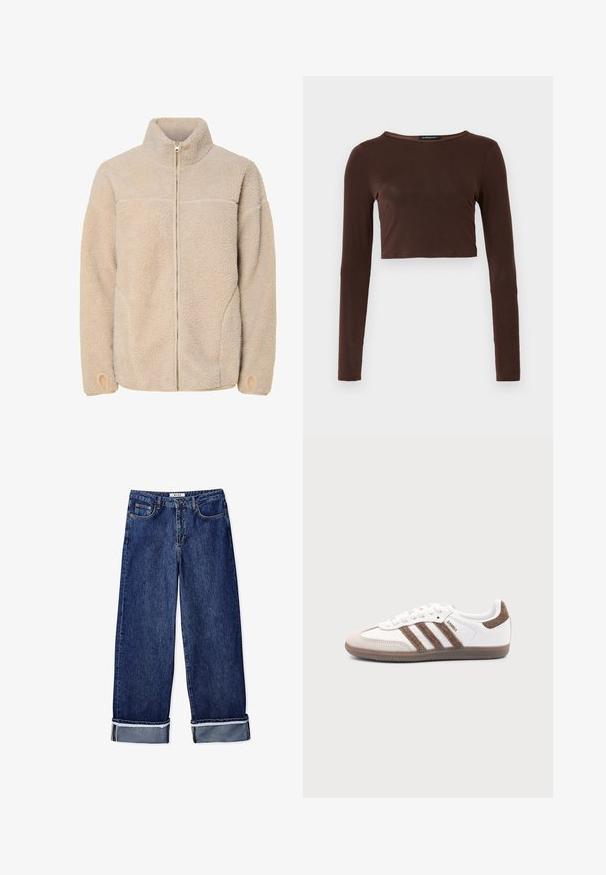 Beige fleecejakke med høj krave, lynlås lukning og sidelommer. Struktureret overflade med en blød fornemmelse og elastiske manchetter.; Brun langærmet cropped top lavet af glat materiale, med en rund halsudskæring og tætsiddende design. Ingen synlige mønstre eller accenter.; Bredde denimjeans i mørkeblå, med et klassisk fem-lomme design, syet kant og opbrettede manchetter for ekstra tekstur.; Hvid Adidas Samba sneaker med brune ruskindstriber, brun gummisål og beige ruskindståhætte, vist fra ydersiden på en ensfarvet baggrund.