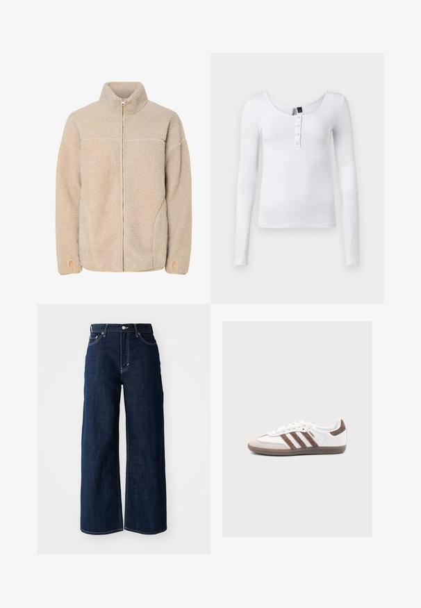 Beige Fleecejacke mit hohem Kragen, Reißverschluss und Seitentaschen. Strukturierte Oberfläche mit weichem Griff und elastischen Bündchen.; Weißes langärmliges, geripptes Oberteil mit Rundhalsausschnitt und vier Knöpfen auf der Vorderseite. Der Stoff hat eine glatte Textur und eine figurbetonte Passform.; Weit geschnittene, dunkelblaue Jeans mit kontrastierenden Nähten, fünf Taschen und einem Knopfverschluss an der Taille.; Weißer Adidas Samba Sneaker mit braunen Veloursstreifen, brauner Velourspitze und Gummisohle auf hellgrauem Hintergrund.