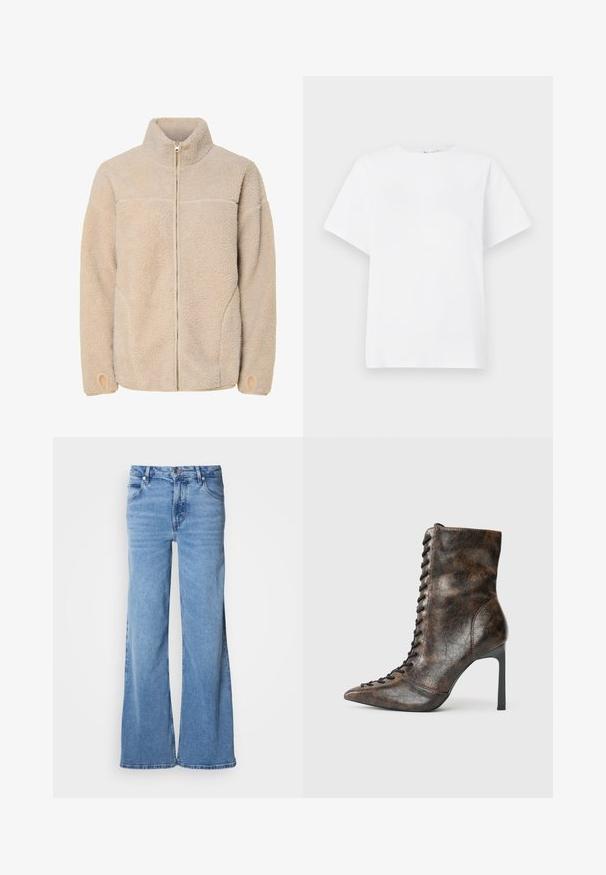 Beige Fleecejacke mit hohem Kragen, Reißverschluss und Seitentaschen. Strukturierte Oberfläche mit weichem Griff und elastischen Bündchen.; Weißes T-Shirt mit kurzen Ärmeln aus Baumwolle. Verfügt über einen runden Halsausschnitt, einen lässigen Schnitt und eine glatte Textur ohne Muster oder Akzente.; Hellblaue Jeans mit weitem Bein aus Denim. Mit klassischem Fünf-Taschen-Design und sichtbarem Knopfverschluss. Weiche Textur und schlichter Abschluss.; Braune Lederstiefelette mit spitzer Zehenpartie und hohem Stiletto-Absatz. Verfügt über eine Schnürung vorne und eine strukturierte Oberfläche in einem zerknitterten Muster.