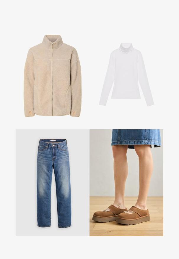 Beige Fleecejacke mit hohem Kragen, Reißverschluss und Seitentaschen. Strukturierte Oberfläche mit weichem Griff und elastischen Bündchen.; Weißes Langarm-Turtleneck-Oberteil aus glattem, elastischem Stoff. Mit hohem Kragen und tailliertem Schnitt, ohne sichtbare Muster oder Verzierungen.; Hellblaue Jeans aus Denim mit geradem Bein, ausgestattet mit einem Knopfleistenverschluss, vorderen Taschen und dezentem Verblassen im Oberschenkelbereich.; Braune Wildleder-Plateauschuhe mit abgerundetem Zehenbereich, Cut-out-Details und einer stabilen Sohle, kombiniert mit einem Jeansrock auf einem Holzboden.