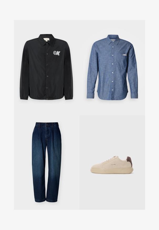 Calvin Klein Jeans Bomberjacks - black; Blauw overhemd met lange mouwen, gemaakt van een lichtgewicht, gestructureerde stof. Heeft een borstzak aan de linkerkant en een klein logolabel. De knopen zijn licht van kleur.; Donkerblauwe jeans met hoge taille, rechte pijpen, knoop- en ritssluiting, taillebandlussen en subtiele stikdetails, afgebeeld op een witte achtergrond.; Beige suède sneakers met een ronde neus, vetersluiting aan de voorkant en een bruine suède accent op de hiel. Beschikt over een gestructureerde rubberen zool.