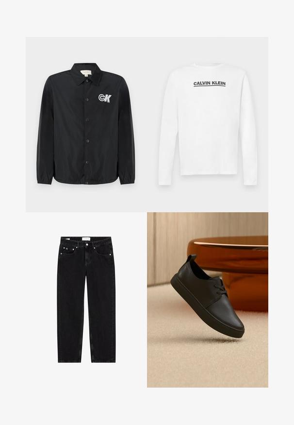 Calvin Klein Jeans Bombera - black; Biela košeľa s dlhým rukávom vyrobená z bavlny, s čiernym logom "CALVIN KLEIN" naprieč hrudníkom a okrúhlym výstrihom. Hladká textúra.; Čierne deninové džínsy so strihom rovného nohavicu, mierne opotrebovaný vzhľad, päť vreciek a strieborné detaily. Štítok na páse.; Čierna kožená neformálna teniska so šnúrkami, vznášajúca sa nad béžovým kobercom, na pozadí s okrúhlym jantárovým skleneným stolíkom.