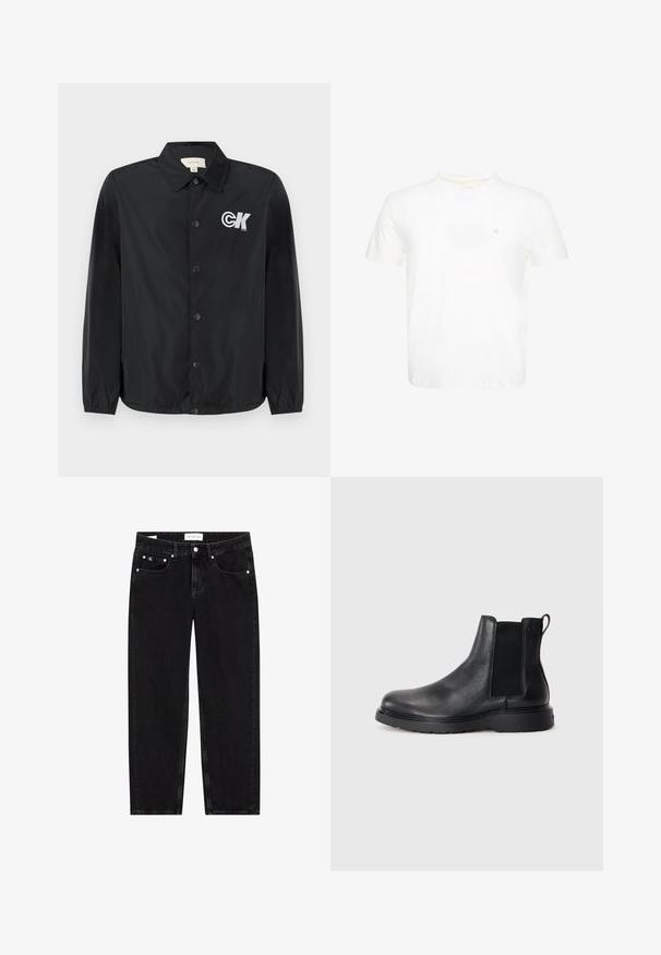 Calvin Klein Jeans Bombera - black; Biele tričko s krátkym rukávom a okrúhlym výstrihom s malým vyšívaným logom "ck" na ľavej strane hrudníka.; Čierne deninové džínsy so strihom rovného nohavicu, mierne opotrebovaný vzhľad, päť vreciek a strieborné detaily. Štítok na páse.; Čierne kožené chelsea čižmy s textúrovaným povrchom, elastickými bočnými panelmi a pevným gumovým podpätkom. Diskrétny branding na päte.