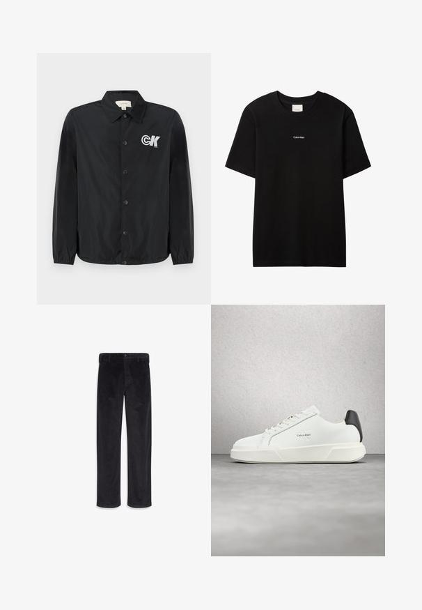 Calvin Klein Jeans Μπουφάν τύπου bomber - black; Μαύρο βαμβακερό μπλουζάκι με στρογγυλή λαιμόκοψη και κοντά μανίκια. Διαθέτει μικρό λευκό λογότυπο "Calvin Klein" στο μπροστινό μέρος. Ομαλή, κλασική εφαρμογή.; Μαύρο παντελόνι από κορδούρο με ίσια γραμμή, κλείσιμο με κουμπί και φερμουάρ, θηλιές για ζώνη και πλαϊνές τσέπες.; Λευκά αθλητικά παπούτσια με λείο δερμάτινο επάνω μέρος, επίπεδα κορδόνια και ανυψωμένη λευκή σόλα. Διαθέτουν μαύρη λεπτομέρεια στη φτέρνα και ανάγλυφο λογότυπο.