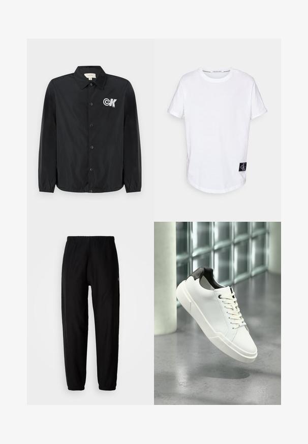 Calvin Klein Jeans Chaquetas bomber - black; Camiseta blanca de algodón con mangas cortas enrolladas, dobladillo redondeado y una etiqueta de logo negra que presenta "CK" en la esquina inferior izquierda.; Pantalones de chándal negros con cintura elástica, piernas ajustadas y dobladillos. Textura de tela suave. Detalle del logo en un lado.; Zapatilla blanca de perfil bajo con lengüeta del talón texturizada en negro, cordones blancos y suela gruesa sobre un suelo de cemento pulido cerca de bloques de vidrio.