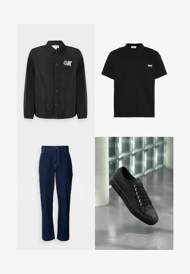 Calvin Klein Jeans Bomberjacks - black; Zwart T-shirt met korte mouwen en een borstzak aan de linkerkant met een klein Calvin Klein-logo.; Donkerblauwe denim broek met rechte pasvorm, versterkte naden en zijzakken. Voorzien van een knoopsluiting en een fijne textuur.; Zwarte laag model sneaker met een gestructureerd patroon, zwarte zool en veters, zwevend boven een gepolijste betonnen vloer bij glasblokken.