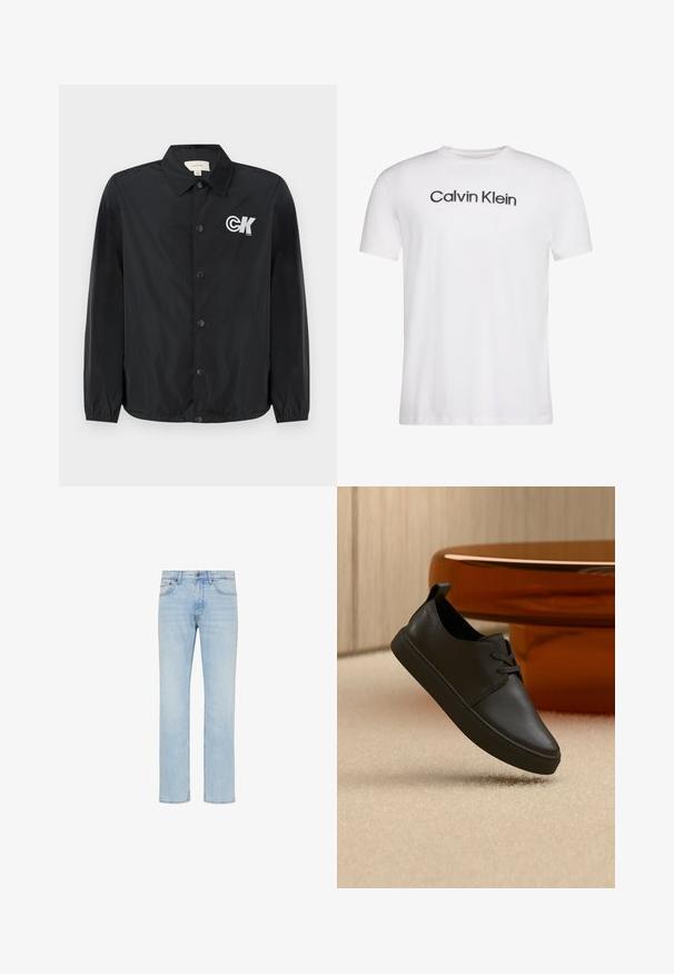 Calvin Klein Jeans Bombera - black; Biele krátke rukávy s guľatým výstrihom tričko s čiernym textom "Calvin Klein" vycentrovaným na hrudi.; Svetlomodré rifle s rovnými nohavicami, predným gombíkom, zipsom a dizajnom s piatimi vreckami zobrazené na bielom pozadí.; Čierna kožená neformálna teniska so šnúrkami, vznášajúca sa nad béžovým kobercom, na pozadí s okrúhlym jantárovým skleneným stolíkom.