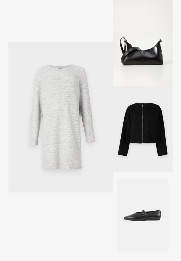 Schwarze, cropped Jacke aus strukturiertem Stoff, mit rundem Halsausschnitt und durchgehendem Reißverschluss vorne. Lange Ärmel mit entspannter Passform.; Grauer gestrickter Pullover mit langen Ärmeln, der über eine diagonale Rippstruktur und einen runden Halsausschnitt verfügt. Leichtes Material mit lockerer Passform.; Schwarze Lederflachschuhe mit spitzem Zehenbereich, ausgestattet mit einem metallischen Riemen über dem Spann und einer niedrigen, flexiblen Sohle.; Schwarze lederne Handtasche mit glatter Textur. Verfügt über einen verstellbaren Riemen und ein elegantes, minimalistisches Design mit einem Reißverschluss.