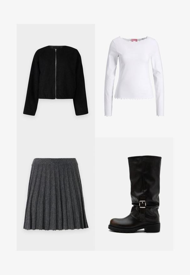Schwarze, cropped Jacke aus strukturiertem Stoff, mit rundem Halsausschnitt und durchgehendem Reißverschluss vorne. Lange Ärmel mit entspannter Passform.; Weißes Langarmoberteil aus Baumwolle. Hat einen runden Ausschnitt mit einem Rüschensaum und einem rüschengesäumten Saum. Einfaches, tailliertes Design.; Vero Moda Knitted VMMARINA Short - Minirock - dark grey; Hoher schwarzer Lederstiefel mit abgerundeter Spitze, niedrigem Absatz, seitlichem Schnallenriemen und leicht geschliffenem Schaft auf weißem Hintergrund.