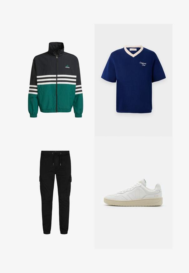 Musta ja turkoosi tuulihaalari, jossa on korkea kaulus, vetoketjukiinnitys ja valkoiset vaakasuorat raidat. Rintataskussa on Adidas-logo.; Sinih lycra pendi dengan lengan pendek dan trim leher V krem, serta bordir "Originals Club" di dada kiri.; Mustat cargo-housut, jotka on valmistettu puuvillasekoitteesta. Niissä on joustava vyötärö, jossa on nyöri, sivupussit sekä joustavat hihansuut.; Valkoiset nahkakengät, joissa on teksturoitu pinta ja pehmustettu nilkkaosa. Varustettu beige kumipohjalla ja huomaamattomalla brändäyksellä kannassa ja sivuilla.