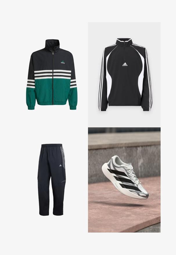 Čierna a teal vetrovka s vysokým golierom, zipsovým uzáverom a bielymi horizontálnymi pruhmi. Obsahuje logo Adidas na hrudi.; Čierna bunda na zips s bielymi akcentmi, vybavená vysokým golierom, dlhými rukávmi a tromi bielymi pruhmi na každom rukáve. Materiály sú hladké.; Čierne športové nohavice s elastickým pásom, s šedými bočnými pruhmi, so štruktúrovaným panelom a zúženým strihom nohavíc.; Biela a sivá bežecká obuv s čiernymi pruhmi, vznášajúca sa nad ružovkastým betónovým povrchom blízko sivej kamennej steny.