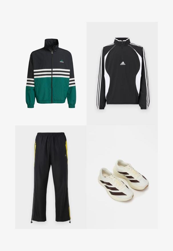 Schwarz-türkisfarbene Windbreakerjacke mit hohem Kragen, Reißverschluss und weißen horizontalen Streifen. Mit einem Adidas-Logo auf der Brust.; Schwarze Reißverschlussjacke mit weißen Akzenten, mit hohem Kragen, langen Ärmeln und drei weißen Streifen auf jedem Ärmel. Die Materialien sind glatt.; Schwarze Sporthosen mit gelben Seitenakzenten, elastischem Bund und mit Reißverschlüssen versehenen Seitentaschen. Hergestellt aus leichtem, glattem Stoff.; Helle Laufcremeschuhe mit dunkelbraunen diagonalen Streifen, strukturiertem Mesh-Obermaterial und gepolsteter Sohle. Mit gelbem "ADIZERO" Branding.