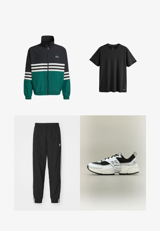 Čierna a teal vetrovka s vysokým golierom, zipsovým uzáverom a bielymi horizontálnymi pruhmi. Obsahuje logo Adidas na hrudi.; Čierne športové tričko s krátkym rukávom a okrúhlym výstrihom, s jemnými logami na rukávoch a spodnom okraji, stredná veľkosť.; Čierne športové nohavice s elastickým pásom a manžetami, s bielymi bočnými pruhmi a malým bielym logom Adidas na ľavom boku.; Bielo-čierny nízky teniska s panelmi z priedušnej sieťoviny a kože, hrubou podrážkou a rebrovaným popruhom v strede chodidla s nápisom „Jordan“ na neutrálnom pozadí.