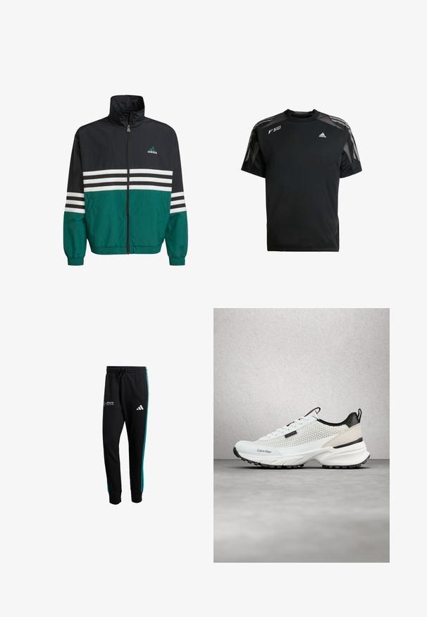 Schwarz-türkisfarbene Windbreakerjacke mit hohem Kragen, Reißverschluss und weißen horizontalen Streifen. Mit einem Adidas-Logo auf der Brust.; Schwarzes Sport-T-Shirt aus leichtem Material, mit Netzschulterpaneelen, kurzen Ärmeln und weißen adidas- sowie F50-Logos.; Schwarze Jogginghosen aus weichem Stoff mit türkisfarbenen Seitenstreifen, ausgestattet mit einem gestickten Logo auf der Vorderseite und einem elastischen Bund.; Weiße und schwarze Calvin Klein Sneaker mit Netzseiten und klobiger Sohle, die über einem grauen Boden in der Nähe einer Glasbausteinwand schweben.