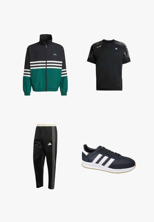 Schwarz-türkisfarbene Windbreakerjacke mit hohem Kragen, Reißverschluss und weißen horizontalen Streifen. Mit einem Adidas-Logo auf der Brust.; Schwarzes Sport-T-Shirt aus leichtem Material, mit Netzschulterpaneelen, kurzen Ärmeln und weißen adidas- sowie F50-Logos.; Schwarze Sporthose mit weißen dreifachen Streifen an der Seite, Reißverschlusstasche und einem weißen Adidas-Logo am Oberschenkel.; Dunkelblaue Wildleder- und Stoff-Sneaker mit weißen Streifen, Gummisohle und schwarzen Schnürsenkeln. Verfügt über eine abgerundete Zehenpartie und ein weiches Futter.