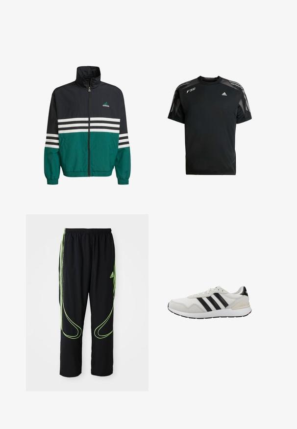Chaqueta cortavientos negra y verde azulado con un cuello alto, cierre de cremallera y rayas horizontales blancas. Presenta un logo de Adidas en el pecho.; Camiseta deportiva negra hecha de un tejido ligero, con paneles de malla en los hombros, mangas cortas y logotipos blancos de adidas y F50.; Pantalones deportivos Adidas negros con líneas curvas en verde neón y tres franjas en los laterales, cinturilla elástica y logo de Adidas en el muslo delantero.; Zapatillas deportivas blancas con rayas negras. Fabricadas con malla y ante, cuentan con suela de caucho y cuello acolchado para mayor comodidad. Diseño clásico.