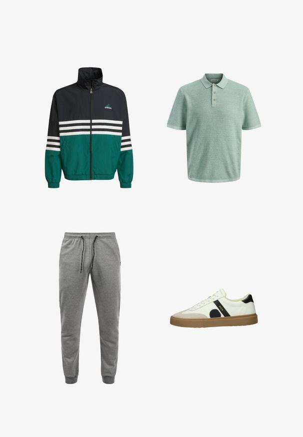 Musta ja turkoosi tuulihaalari, jossa on korkea kaulus, vetoketjukiinnitys ja valkoiset vaakasuorat raidat. Rintataskussa on Adidas-logo.; Vaaleanvihreä texturoidusta kankaasta valmistettu poolopaita, jossa on kaulus ja kolme nappia etukappaleella. Lyhyet hihat ja suora helma.; Housut harmaasta pehmeästä kankaasta, jossa on joustava vyötärö mustalla nyörillä, kapenevat lahkeet ja sivutaskut.; Valkoiset tennarit, joissa on musta yksityiskohta, nahkainen varvasosa ja kuminen pohja. Varustettu nyörityksellä ja pehmustetulla varren osalla mukavuutta varten.