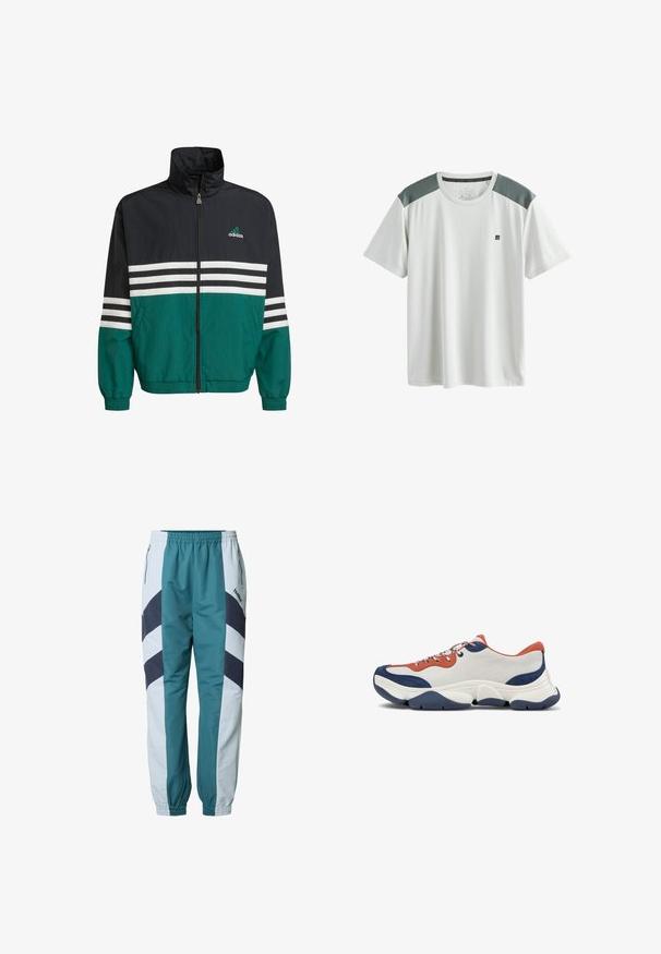 Zwarte en teal windbreaker jas met een hoge kraag, ritssluiting en witte horizontale strepen. Bevat een Adidas-logo op de borst.; Wit sportief T-shirt met korte mouwen, grijze mesh schouderpanelen en een klein zwart logo op de linkerborst.; Turkooise en lichtgrijze trainingsbroeken met chevronpatronen, een elastische tailleband, zijzakken en geribbelde boorden bij de enkels.; Sneakers met een bovenwerk van wit leer, oranje en marineblauwe accenten, meerkleurige veters en een dikke marineblauwe rubberen zool met gekartelde groeven.