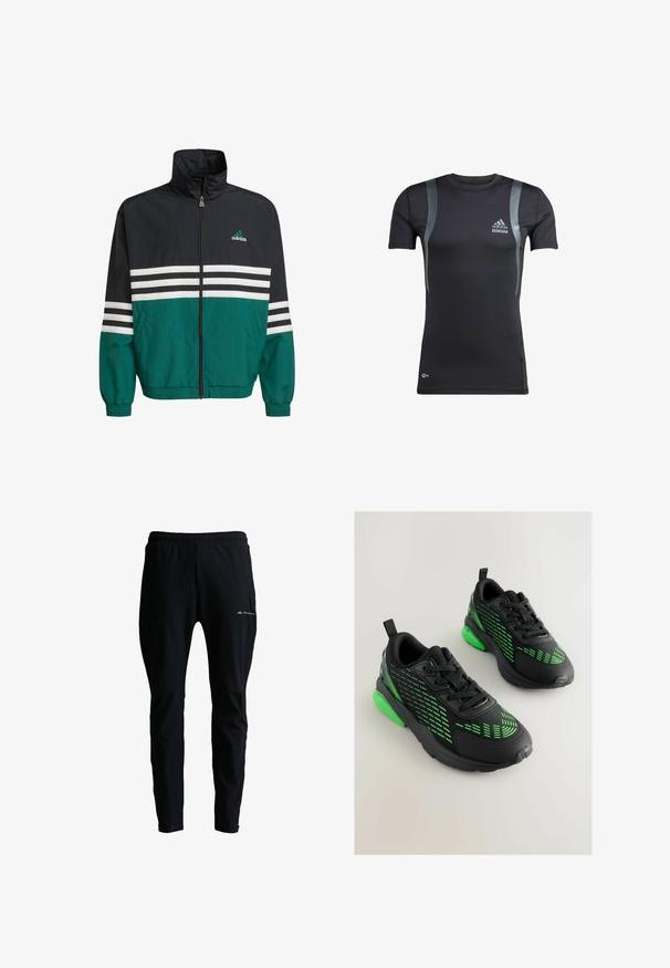 Čierna a teal vetrovka s vysokým golierom, zipsovým uzáverom a bielymi horizontálnymi pruhmi. Obsahuje logo Adidas na hrudi.; Čierne športové tričko s krátkym rukávom a šedými akcentmi, vyrobené z elastickej látky. Na ľavej hrudi sa nachádza logo Adidas a branding Techfit.; Čierne športové nohavice s elastickým pásom, zúženými nohavicami a malým logom "Monterrain" na hornej časti stehna.; Čierne atletické topánky s zelenými akcentmi, so štruktúrovaným zvrškom so geometrickým vzorom, zaoblenou špičkou a polstrovanou pätou.
