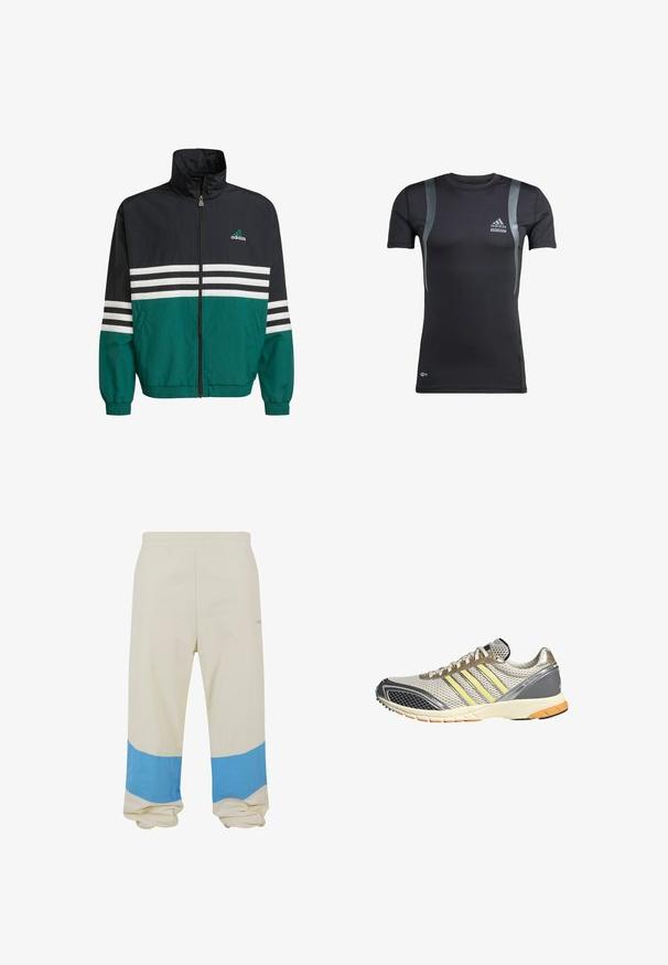 Chaqueta cortavientos negra y verde azulado con un cuello alto, cierre de cremallera y rayas horizontales blancas. Presenta un logo de Adidas en el pecho.; Camiseta deportiva negra de manga corta con detalles en gris, hecha de una tela elástica. Presenta un logo de Adidas en el lado izquierdo del pecho y la marca Techfit.; Pantalones beige con una amplia franja azul cerca del dobladillo. Hechos de una tela suave, con una cintura elástica y un ajuste relajado.; Zapatilla de correr con parte superior de malla plateada, detalles amarillos, superposiciones grises y suela texturizada en patrón blanco y negro. Cuenta con cierre de cordones.