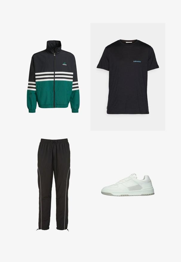 Musta ja turkoosi tuulihaalari, jossa on korkea kaulus, vetoketjukiinnitys ja valkoiset vaakasuorat raidat. Rintataskussa on Adidas-logo.; Mustalliset lyhythihaiset t-paidat, jotka on valmistettu pehmeästä kankaasta. Vasemmassa rinnassa pieni sininen "icebreaker"-logo. Tavallinen istuvuus.; Mustat urheiluhousut, joissa on joustava vyötärö, nyöri ja valkoiset sisäsaumat. Sisältää säädettävät hihnat tulpilla.; Valkoinen matala tennari, jossa nyöritys edessä, ommellut paneelit, pehmustettu kaulus ja vaaleanharmaa teksturoitu pohja.