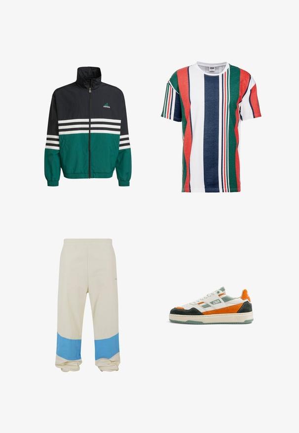 Chaqueta cortavientos negra y verde azulado con un cuello alto, cierre de cremallera y rayas horizontales blancas. Presenta un logo de Adidas en el pecho.; Camiseta de manga corta con rayas alternas en rojo, verde, azul y blanco. Material de algodón, cuello redondo y corte relajado.; Pantalones beige con una amplia franja azul cerca del dobladillo. Hechos de una tela suave, con una cintura elástica y un ajuste relajado.; Zapatilla blanca con detalles en ante verde, naranja y negro, cordones blancos, logo "CAVAL" en el lateral y suela beige con dibujo verde.