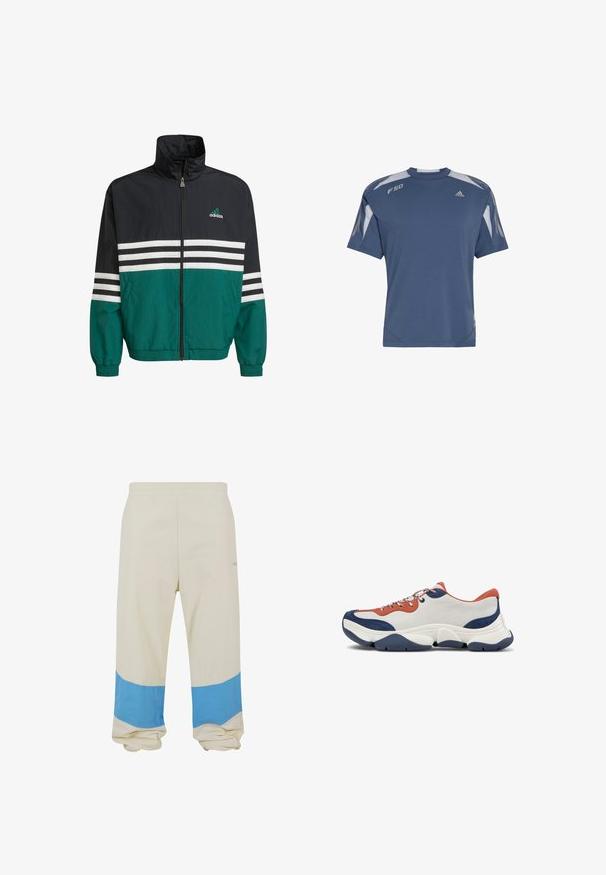 Schwarz-türkisfarbene Windbreakerjacke mit hohem Kragen, Reißverschluss und weißen horizontalen Streifen. Mit einem Adidas-Logo auf der Brust.; Blaues, kurzärmeliges Sportshirt aus leichtem Stoff. Mit weißen Akzenten an den Schultern und einem Logo auf der Brust. Gerade geschnitten mit rundem Ausschnitt.; Beige Hose mit einem breiten blauen Streifen am Saum. Hergestellt aus weichem Stoff, mit elastischem Bund und lockerer Passform.; Sneaker mit einem Obermaterial aus weißem Leder, orangefarbenen und marineblauen Akzenten, mehrfarbigen Schnürsenkeln und einer dicken Gummisohle in Marineblau mit strukturierten Rillen.