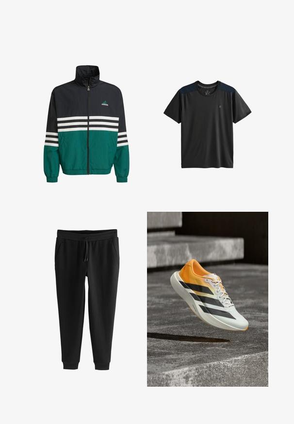 Chaqueta cortavientos negra y verde azulado con un cuello alto, cierre de cremallera y rayas horizontales blancas. Presenta un logo de Adidas en el pecho.; Camiseta activa negra de manga corta, con acentos en el hombro de color azul oscuro, un cuello redondo y una textura de tela suave y ligera.; Pantalones deportivos negros con perneras estrechas, cintura elástica, cordón, bolsillos laterales y puños en los tobillos, colocados planos sobre fondo blanco.; Zapatilla de running naranja y blanca con rayas negras, suspendida sobre una superficie de hormigón gris con escalones al fondo.