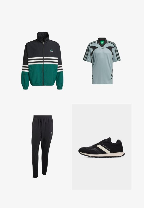 Chaqueta cortavientos negra y verde azulado con un cuello alto, cierre de cremallera y rayas horizontales blancas. Presenta un logo de Adidas en el pecho.; Camisa de manga corta azul celeste con detalles y diseños negros, con cuello negro y tres rayas negras en cada hombro. Logo de la marca dentro del cuello.; Pantalones deportivos negros hechos de material ligero, con una cintura elástica y un pequeño logo en relieve en la parte superior del muslo izquierdo.; Zapatilla Armani Exchange en blanco y negro con parte superior texturizada, raya lateral, cierre de cordones y suela beige sobre un fondo liso.
