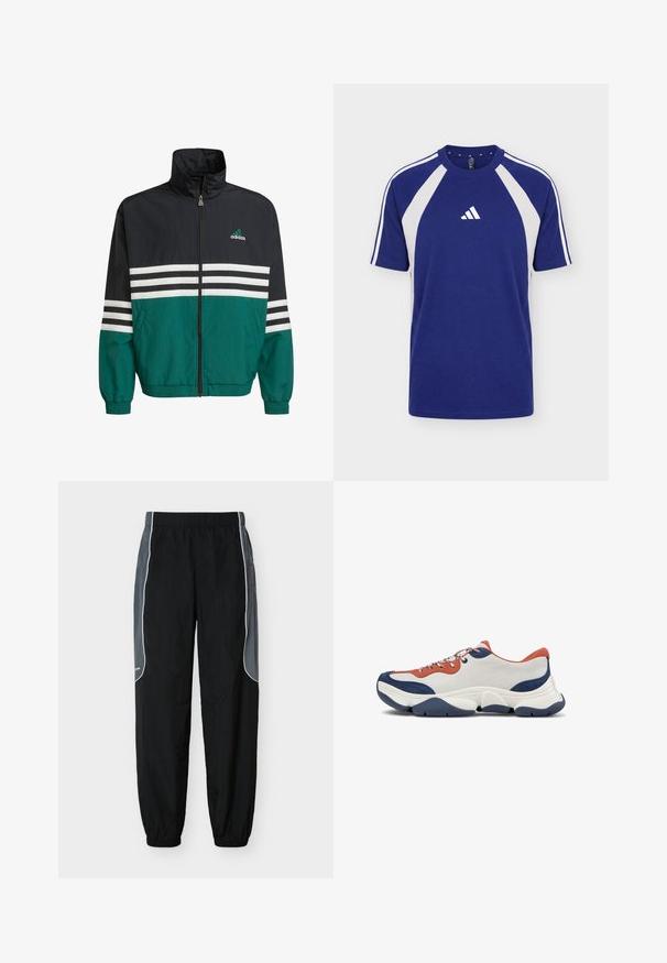 Schwarz-türkisfarbene Windbreakerjacke mit hohem Kragen, Reißverschluss und weißen horizontalen Streifen. Mit einem Adidas-Logo auf der Brust.; Blau-weißes Sport-T-Shirt mit kurzen Ärmeln, Rundhalsausschnitt und Adidas-Logo in der vorderen Mitte.; Schwarze Jogginghosen mit dunkelgrauen Seitenpaneelen und weißer Paspelierung, elastischem Bund und Bündchen, vor weißem Hintergrund gezeigt.; Sneaker mit einem Obermaterial aus weißem Leder, orangefarbenen und marineblauen Akzenten, mehrfarbigen Schnürsenkeln und einer dicken Gummisohle in Marineblau mit strukturierten Rillen.