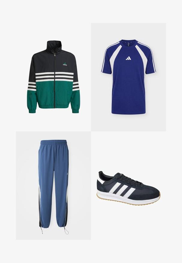 Čierna a teal vetrovka s vysokým golierom, zipsovým uzáverom a bielymi horizontálnymi pruhmi. Obsahuje logo Adidas na hrudi.; Modrobiele športové tričko s krátkym rukávom, okrúhlym výstrihom a logom Adidas v strede prednej časti.; Modré športové nohavice s elastickým pásom, zúženým strihom a čiernymi bočnými panelmi. Obsahujú šnúrku na manžetách a emblém s logom.; Tmavomodré semišové a textilné tenisky s bielymi pruhmi, gumovou podrážkou a čiernymi šnúrkami. Majú zaoblenú špičku a mäkké podšívky.