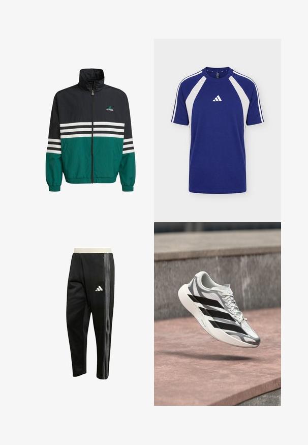Zwarte en teal windbreaker jas met een hoge kraag, ritssluiting en witte horizontale strepen. Bevat een Adidas-logo op de borst.; Blauw-wit sport T-shirt met korte mouwen, ronde hals en Adidas-logo middenvoor.; Zwarte sportbroek met witte driedubbele strepen aan de zijkant, ritszak en een wit Adidas-logo op de dij.; Witte en grijze hardloopschoen met zwarte strepen, zwevend boven een rozeachtig betonnen oppervlak vlakbij een grijze stenen muur.
