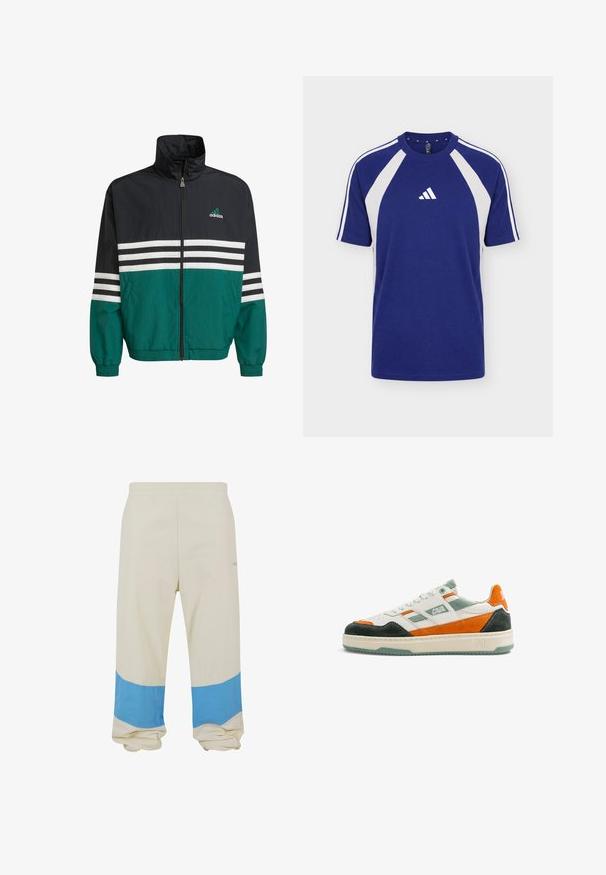 Čierna a teal vetrovka s vysokým golierom, zipsovým uzáverom a bielymi horizontálnymi pruhmi. Obsahuje logo Adidas na hrudi.; Modrobiele športové tričko s krátkym rukávom, okrúhlym výstrihom a logom Adidas v strede prednej časti.; Béžové nohavice so širokým modrým pásom pri leme. Vyrobené z jemného materiálu, s elastickým pásom a voľným strihom.; Biela teniska so zelenými, oranžovými a čiernymi semišovými detailmi, bielymi šnúrkami, logom "CAVAL" na boku a béžovou podrážkou so zeleným vzorom.