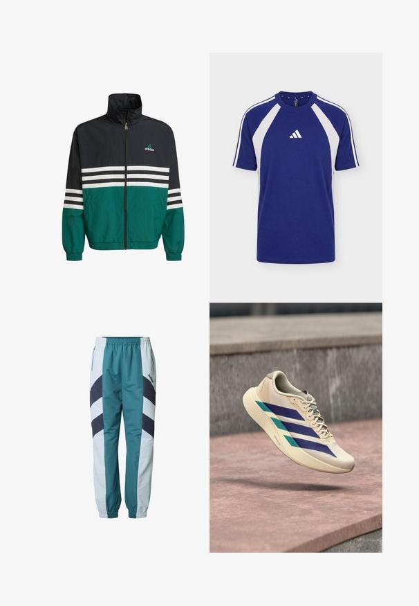 Schwarz-türkisfarbene Windbreakerjacke mit hohem Kragen, Reißverschluss und weißen horizontalen Streifen. Mit einem Adidas-Logo auf der Brust.; Blau-weißes Sport-T-Shirt mit kurzen Ärmeln, Rundhalsausschnitt und Adidas-Logo in der vorderen Mitte.; Grünblaue und hellgraue Trainingshose mit Chevron-Mustern, elastischem Bund, Seitentaschen und gerippten Bündchen an den Knöcheln.; Hellbeiger Laufschuh mit blauen und türkisfarbenen Streifen, der über einer rosa Steinfläche mit einer grauen Wand im Hintergrund schwebt.