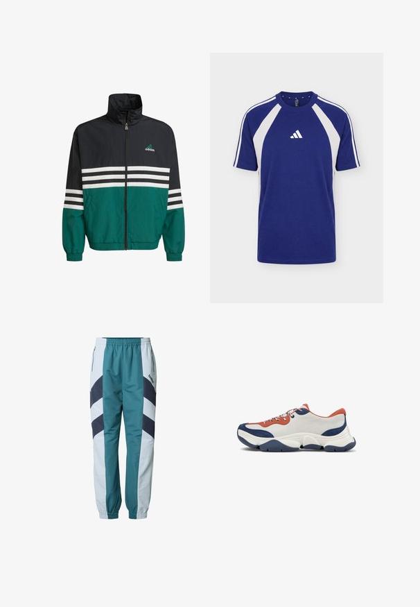 Schwarz-türkisfarbene Windbreakerjacke mit hohem Kragen, Reißverschluss und weißen horizontalen Streifen. Mit einem Adidas-Logo auf der Brust.; Blau-weißes Sport-T-Shirt mit kurzen Ärmeln, Rundhalsausschnitt und Adidas-Logo in der vorderen Mitte.; Grünblaue und hellgraue Trainingshose mit Chevron-Mustern, elastischem Bund, Seitentaschen und gerippten Bündchen an den Knöcheln.; Sneaker mit einem Obermaterial aus weißem Leder, orangefarbenen und marineblauen Akzenten, mehrfarbigen Schnürsenkeln und einer dicken Gummisohle in Marineblau mit strukturierten Rillen.