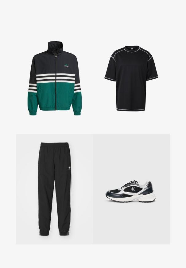 Chaqueta cortavientos negra y verde azulado con un cuello alto, cierre de cremallera y rayas horizontales blancas. Presenta un logo de Adidas en el pecho.; Camiseta negra de manga corta con costuras de contraste en blanco a lo largo de las costuras y bordes, cuello redondo y ajuste relajado.; Pantalones de chándal negros con cintura y dobladillos elásticos, con franjas laterales blancas y un pequeño logo blanco de Adidas en la cadera izquierda.; Zapatilla deportiva negra y plateada con parte superior de malla y sintético, acentos texturizados, entresuela blanca gruesa y suela exterior negra de goma. Presenta logo.